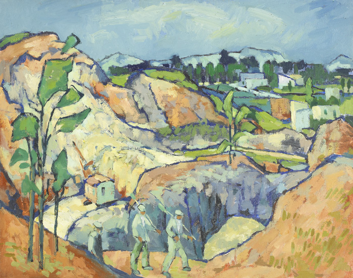 FARM WORKERS ABOVE A VILLAGE by Desmond Carrick RHA (1928-2012) at Whyte's Auctions