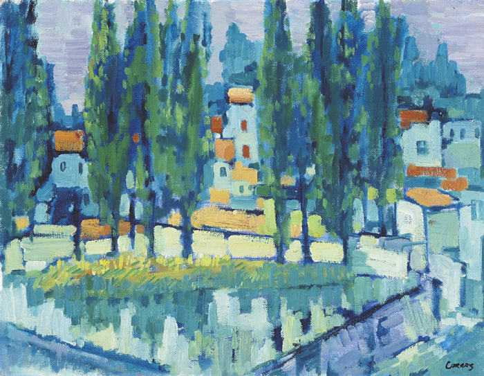 RIVERSIDE BUILDINGS PARTIALLY HIDDEN BY TREES by Desmond Carrick RHA (1928-2012) at Whyte's Auctions