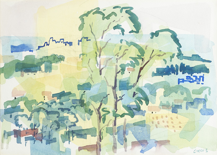 THREE TREES WITH A TOWN BEYOND by Desmond Carrick RHA (1928-2012) at Whyte's Auctions
