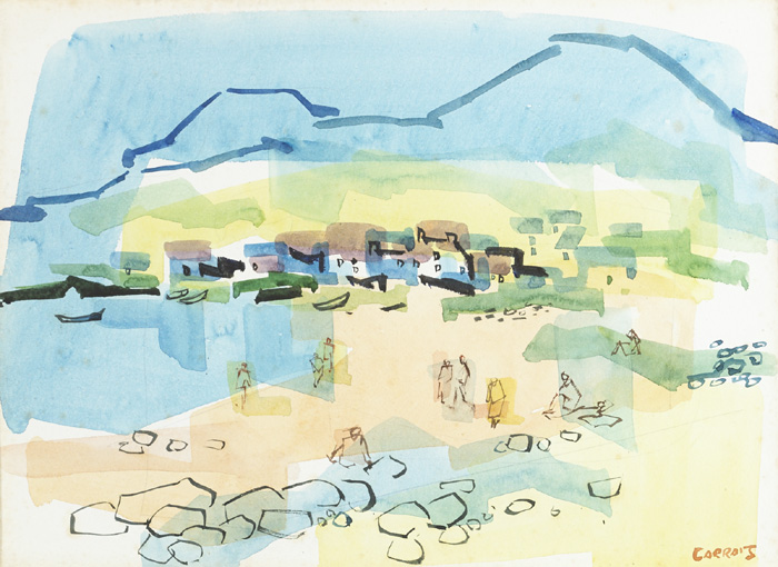 BEACH SCENE WITH COTTAGES AND MOUNTAINS BEYOND by Desmond Carrick RHA (1928-2012) at Whyte's Auctions