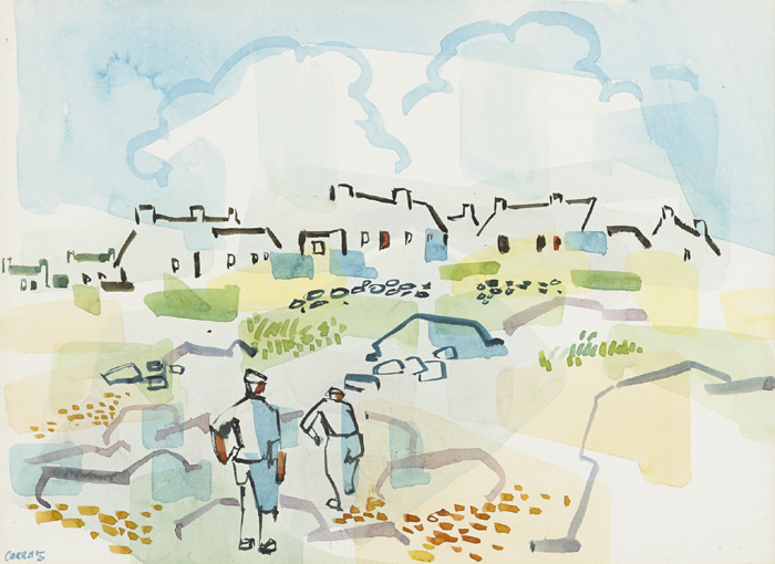 FARMER AT WORK WITH COTTAGES BEYOND by Desmond Carrick RHA (1928-2012) at Whyte's Auctions