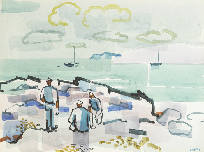 THREE FISHERMEN AT HARBOUR'S EDGE by Desmond Carrick RHA (1928-2012) at Whyte's Auctions
