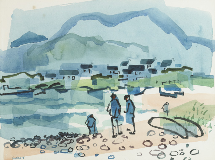 THREE FIGURES BY THE SHORE, INISHBOFIN, COUNTY GALWAY by Desmond Carrick RHA (1928-2012) at Whyte's Auctions