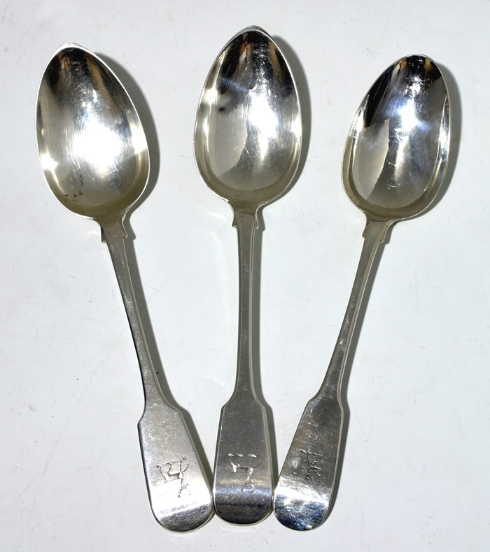 A pair of Victorian Irish silver fiddle pattern tablespoons and another at Whyte's Auctions