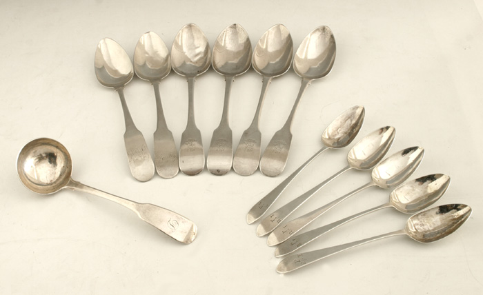 A matched set of six George III Irish silver fiddle pattern dessert spoons at Whyte's Auctions
