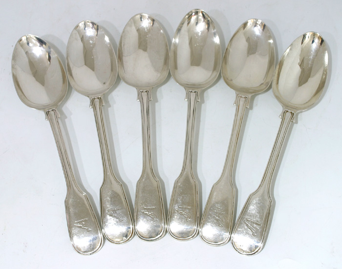 A set of six Victorian fiddle and thread pattern tablespoons at Whyte's Auctions