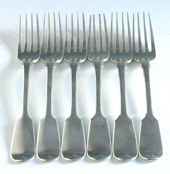 A set of six William IV silver fiddle-pattern side forks at Whyte's Auctions