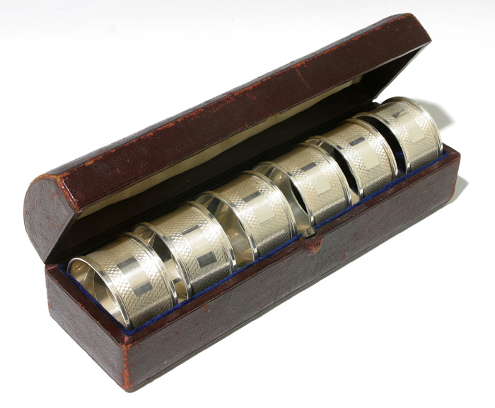 A cased set of six mid-20th century silver napkin rings at Whyte's Auctions