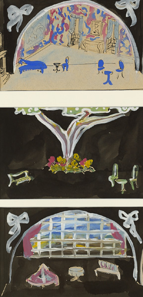 THREE SET DESIGNS FOR OSCAR WILDE'S THE IMPORTANCE OF BEING ERNEST; SET DESIGN FOR FRANCIS STUART'S STRANGE GUEST and ONE OTHER by Anne Yeats sold for 580 at Whyte's Auctions