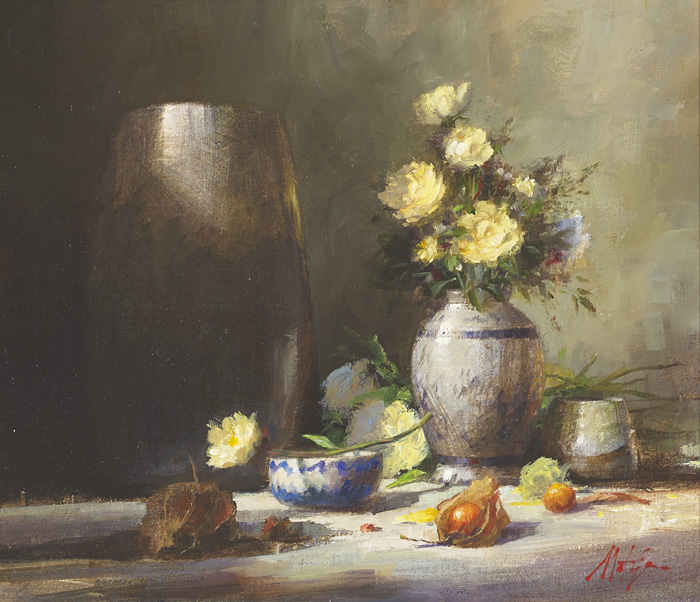 FLORAL STILL LIFE WITH CHINESE LANTERNS by Matt Grogan sold for �280 at Whyte's Auctions