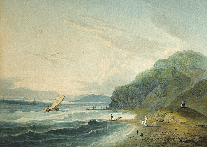 FIGURES ON A SHORE WITH CLIFFS TO THE RIGHT AND SHIPS IN THE DISTANCE at Whyte's Auctions