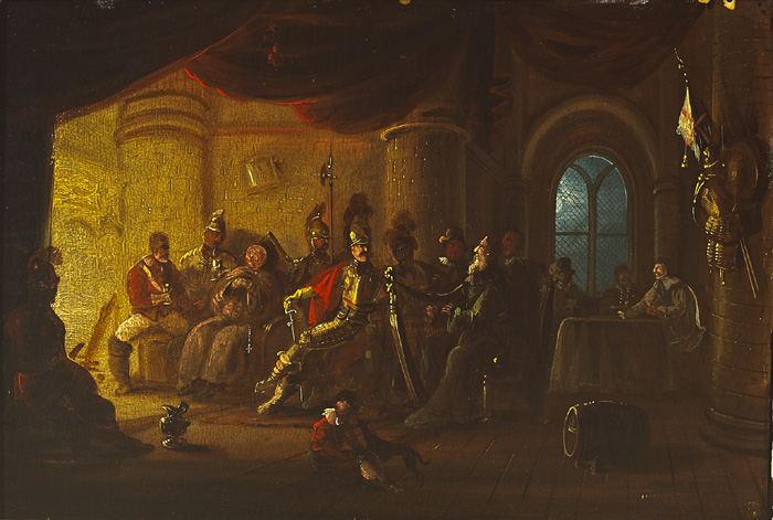 GROUP OF SOLDIERS WITH MONK AND HARPIST IN INTERIOR OF CASTLE by William Sadler II (c.1782-1839) at Whyte's Auctions