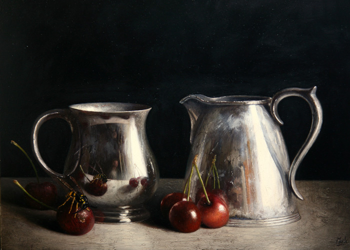 STILL LIFE WITH SILVERWARE AND CHERRIES, 2014 by Stuart Morle (b.1960) (b.1960) at Whyte's Auctions
