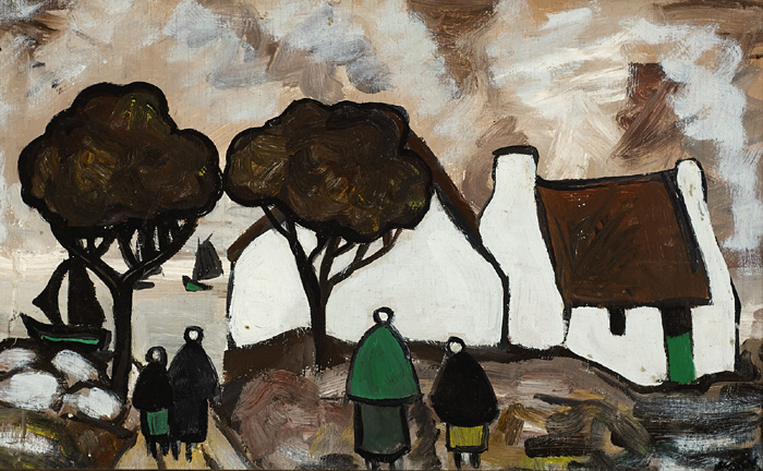 SAILING BOATS WITH COTTAGES AND SHAWLIES by Markey Robinson (1918-1999) at Whyte's Auctions