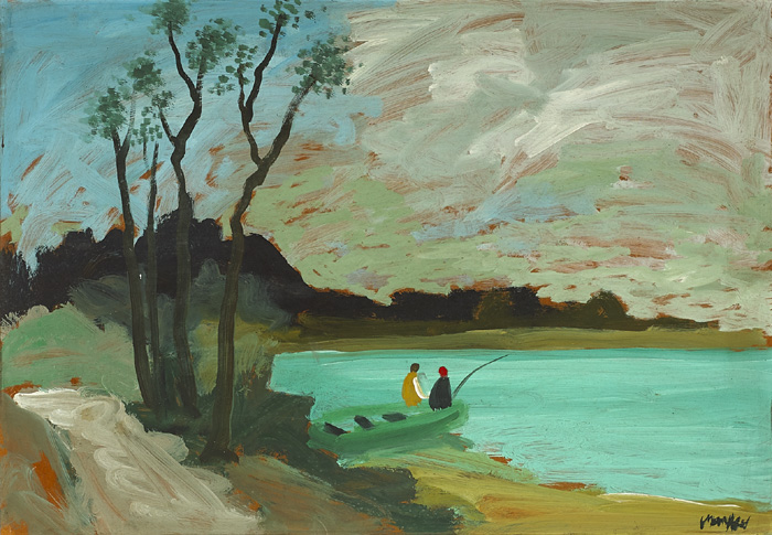 TWO SHAWLIES FISHING AT A LAKE by Markey Robinson (1918-1999) at Whyte's Auctions