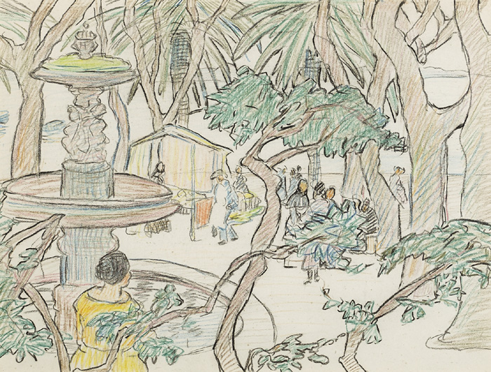 TREES, FOUNTAIN, FIGURES, SOUTH OF FRANCE by Mary Swanzy HRHA (1882-1978) at Whyte's Auctions