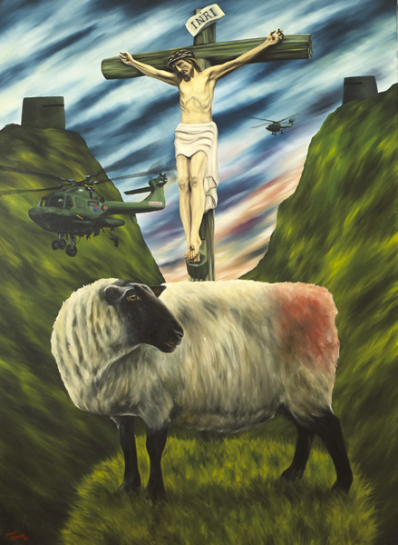 THE QUEEN'S OWN SCOTTISH BORDERS OBSERVE THE KING OF JEWS APPEARING BEHIND SEN MCGUIGAN'S SHEEP ON THE FOURTH SUNDAY AFTER EPIPHANY, 1988 by Dermot Seymour RUA (b.1956) at Whyte's Auctions