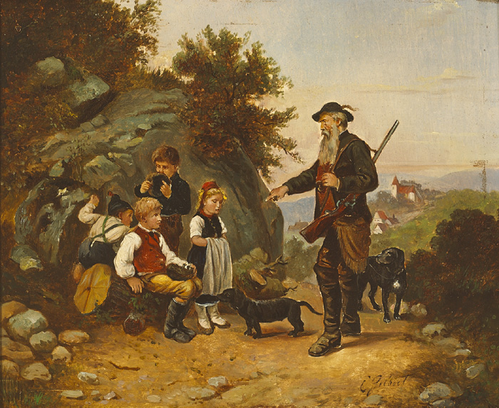 CHILDREN DISCOVERED BY A HUNTER WITH DOGS by E. Gilbert  at Whyte's Auctions