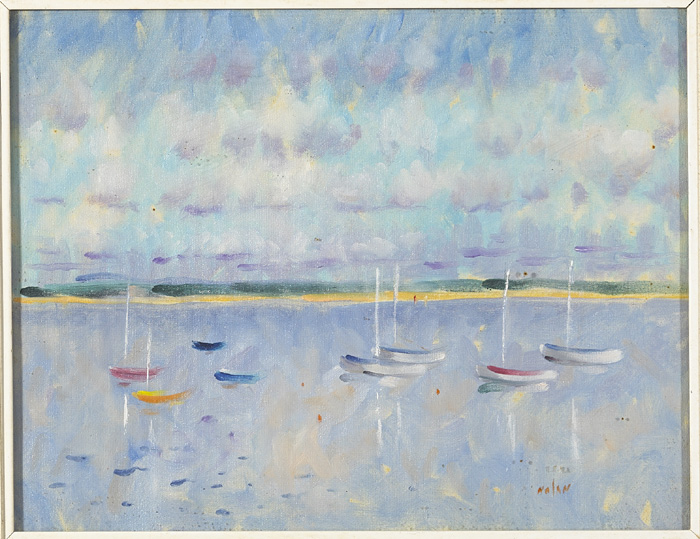 MOORED BOATS IN A BAY by James Nolan RHA PPWCSI (b.1929) at Whyte's Auctions