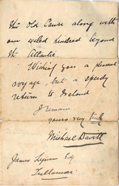 31 August 1883 Michael Davitt autograph letter at Whyte's Auctions