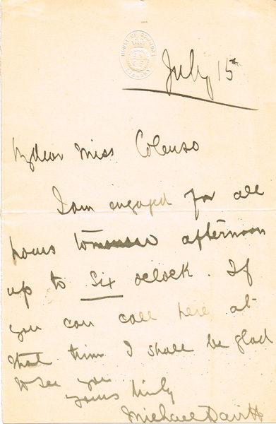 1880s, an autograph letter from Michael Davitt, at Whyte's Auctions