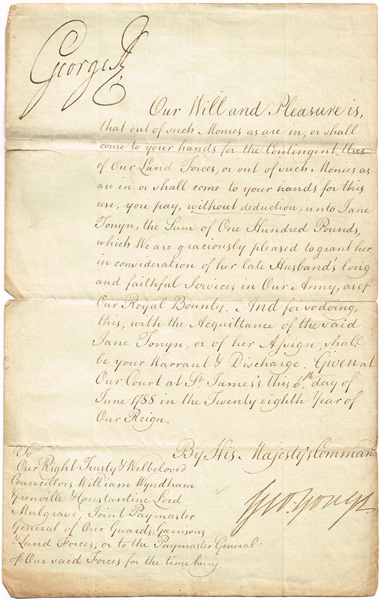 1788. Grant of a Bounty of One Hundred Pounds signed by King George III. at Whyte's Auctions