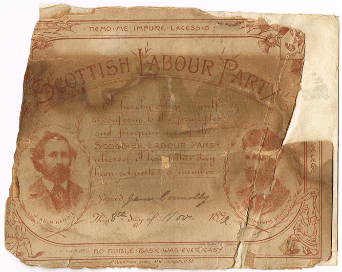 1916 leader, James Connolly Scottish Labour Party membership card, 1892. at Whyte's Auctions
