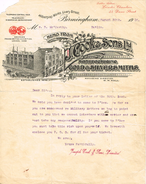1916 Bolands Mills veteran's offer of employment in Birmingham at Whyte's Auctions