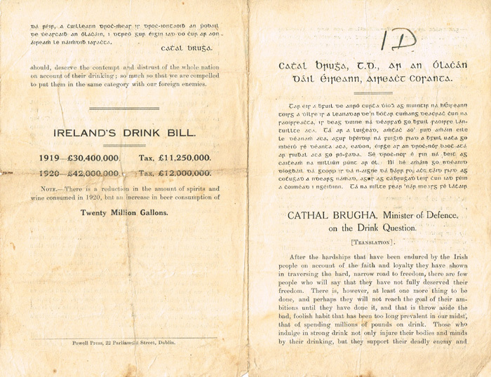 1920 Cathal Brugha, anti-drink tract at Whyte's Auctions