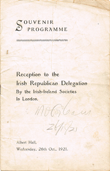 1921 (26 October) Reception to the Irish Republican Delegation, London, signed by Michael Collins. at Whyte's Auctions
