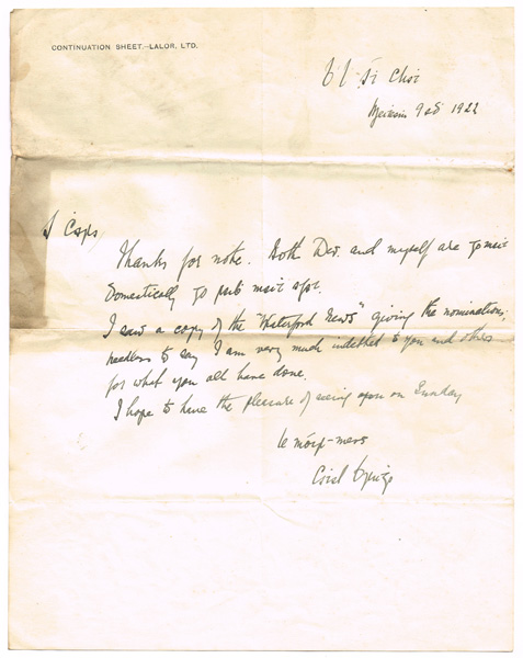 9 June 1922, Cathal Brugha autograph letter at Whyte's Auctions