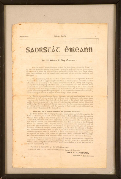 17 October, 1922 'Sceal Catha', declaration of amnesty at Whyte's Auctions