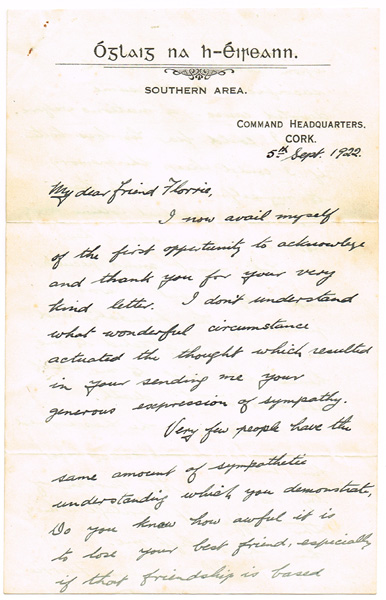 5 September 1922 Emmet Dalton autograph letter, censored by IRA at Whyte's Auctions