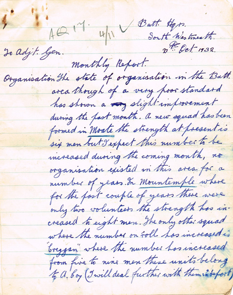 27 October 1932 Monthly Report of Battalion Adjutant, South Westmeath I.R.A. at Whyte's Auctions