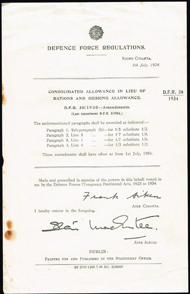 1934. Defence Force Regulations. Collection of notices issued by Frank Aiken and Sen MacEntee. at Whyte's Auctions
