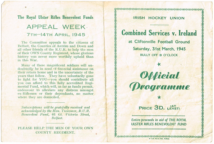 1945, 31 March. Combined Services v Ireland hockey match programme at Whyte's Auctions