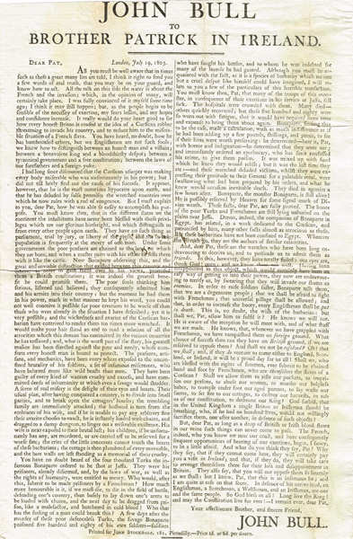 1803 (19 July) Broadsheet - John Bull to Brother Patrick in Ireland"." at Whyte's Auctions