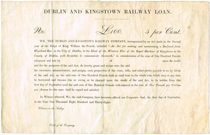 1838. Dublin & Kingstown Railway Railway Loan. at Whyte's Auctions
