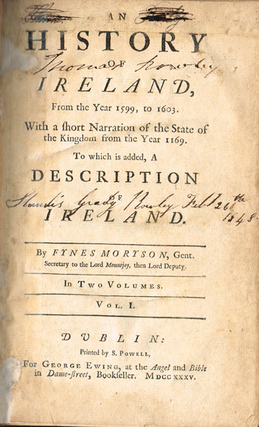 Moryson, Fynes. An History of Ireland from the Year 1599, to 1603.... at Whyte's Auctions