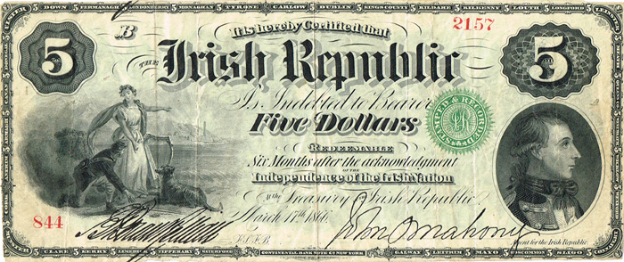 1866 (March 17) Irish Republic Five Dollars Bond issued by the Fenians in America. at Whyte's Auctions