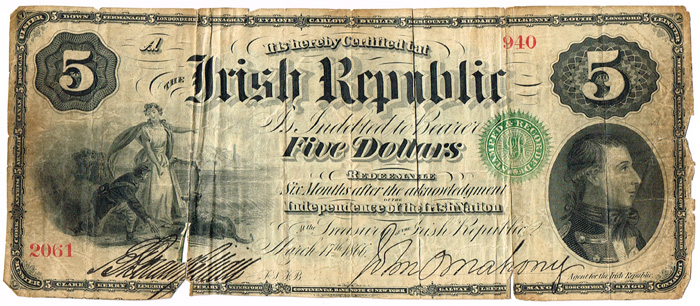 1866 (March 17) Irish Republic Five Dollars Bond issued by the Fenians in America. at Whyte's Auctions