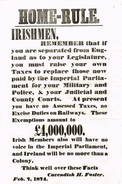 1874 Anti Home Rule Election Poster at Whyte's Auctions