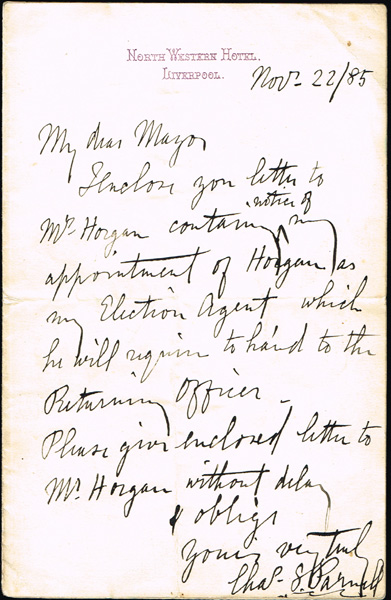 1885 (22 November) letter handwritten by Charles Stewart Parnell. at Whyte's Auctions