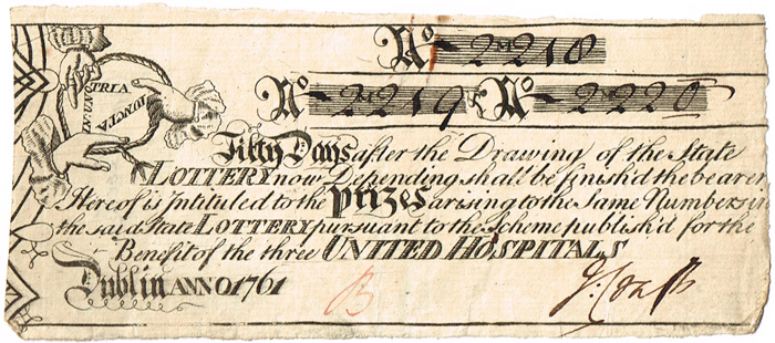 1761. State Lottery Ticket, Dublin. at Whyte's Auctions