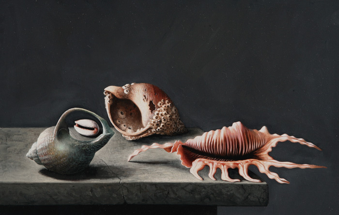 STILL LIFE WITH FOUR SHELLS AFTER ADRIAEN COORTE by Stuart Morle (b.1960) at Whyte's Auctions