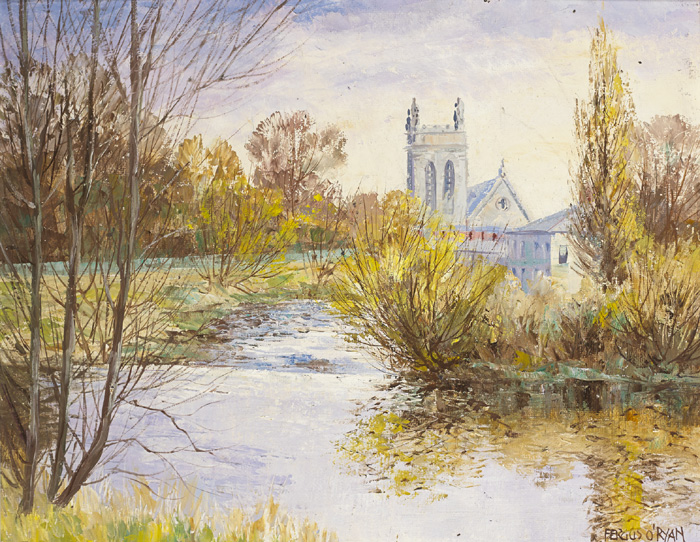 RIVER WITH CHURCH IN THE DISTANCE by Fergus O'Ryan RHA (1911-1989) at Whyte's Auctions
