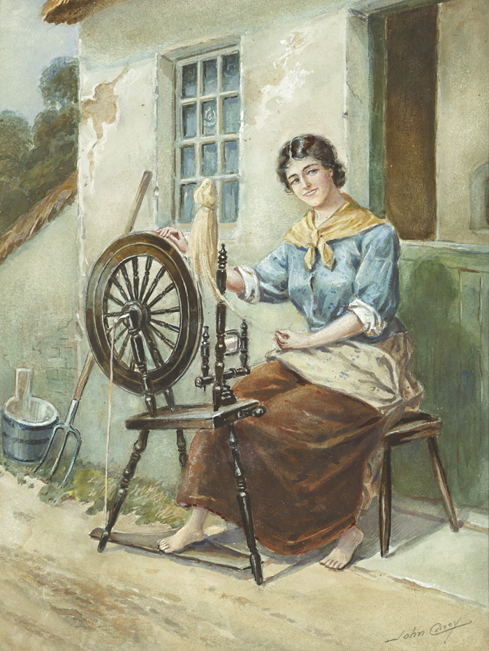 AT THE SPINNING WHEEL and BRINGING HOME THE TURF (A PAIR) by John Carey (1861-1943) at Whyte's Auctions