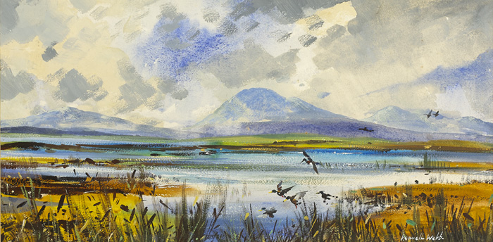FLIGHT OF WILD DUCKS OVER A MARSH, DONEGAL by Kenneth Webb RWA FRSA RUA (b.1927) at Whyte's Auctions