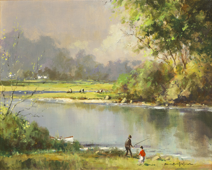 FISHERMEN BY THE RIVER BANK by George K. Gillespie RUA (1924-1995) RUA (1924-1995) at Whyte's Auctions