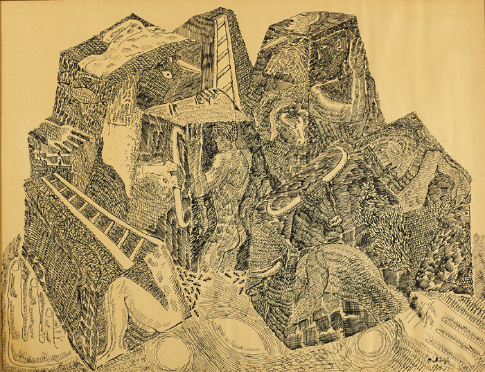 EVOLUTION CREATURE, 1949 and TWO FIGURES IN A LANDSCAPE WITH ROMAN COLUMNS (A PAIR) by Basil Ivan Rákóczi (1908-1979) (1908-1979) at Whyte's Auctions